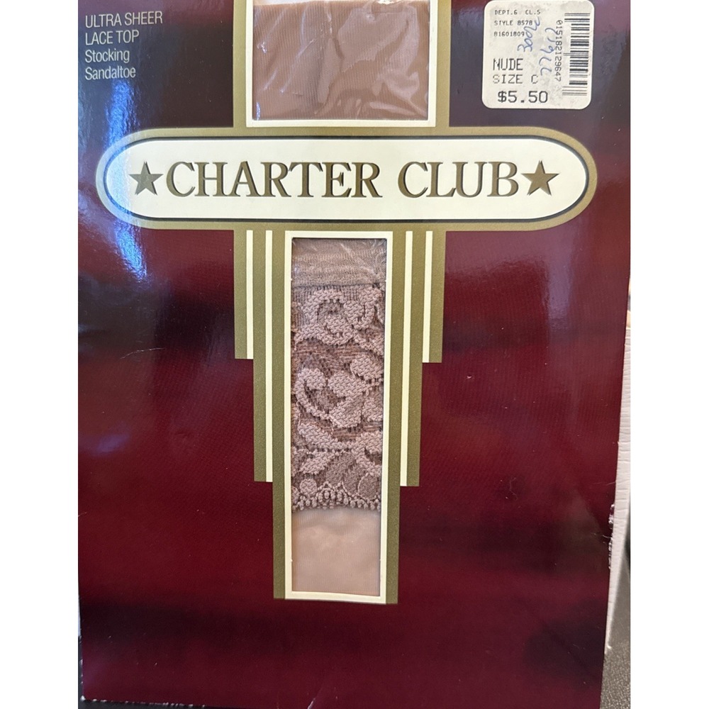 Charter Club Womens Size C Stockings Nude Ultra Sheer Lace Top Sandaltoe Vintage